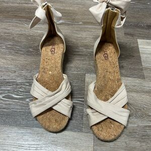 UGG Women's size 6.5 Ivory Cork Wedge Ankle-Tie Sandals Boho Cottagecore Beach